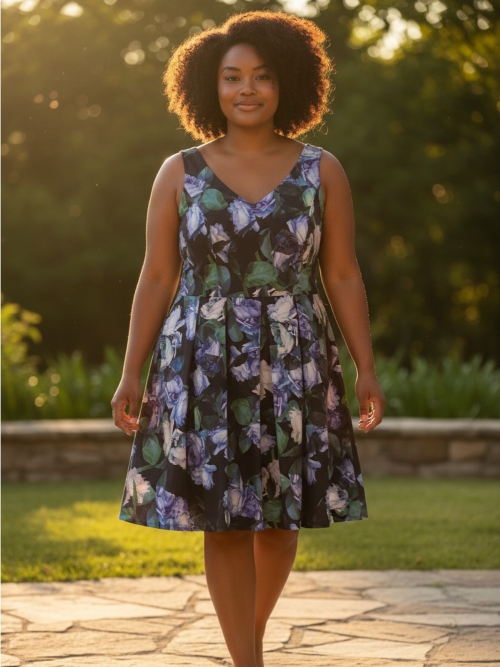 CITY CHIC BLACK PURPLE PEONY FLORAL PRINT FIT FLARE KNEE LENGTH DRESS L Chic 20